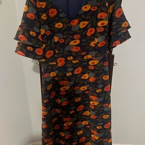 Roolee mom Navy Midi nursing Dress with Orange & Yellow Floral Print